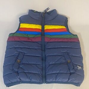 Mini Boden Blue Puffer Vest with Rainbow Stripes and Star Pattern on Reverse